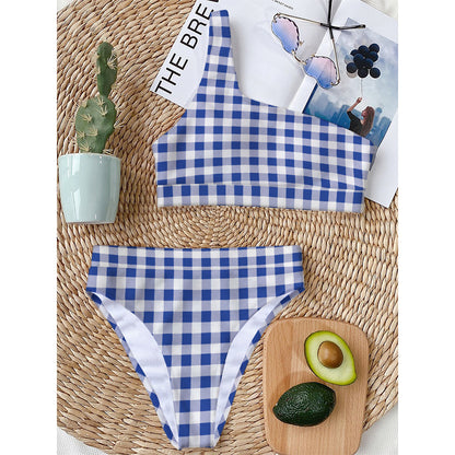 Blue And White Buffalo Check Print One Shoulder Bikini Top