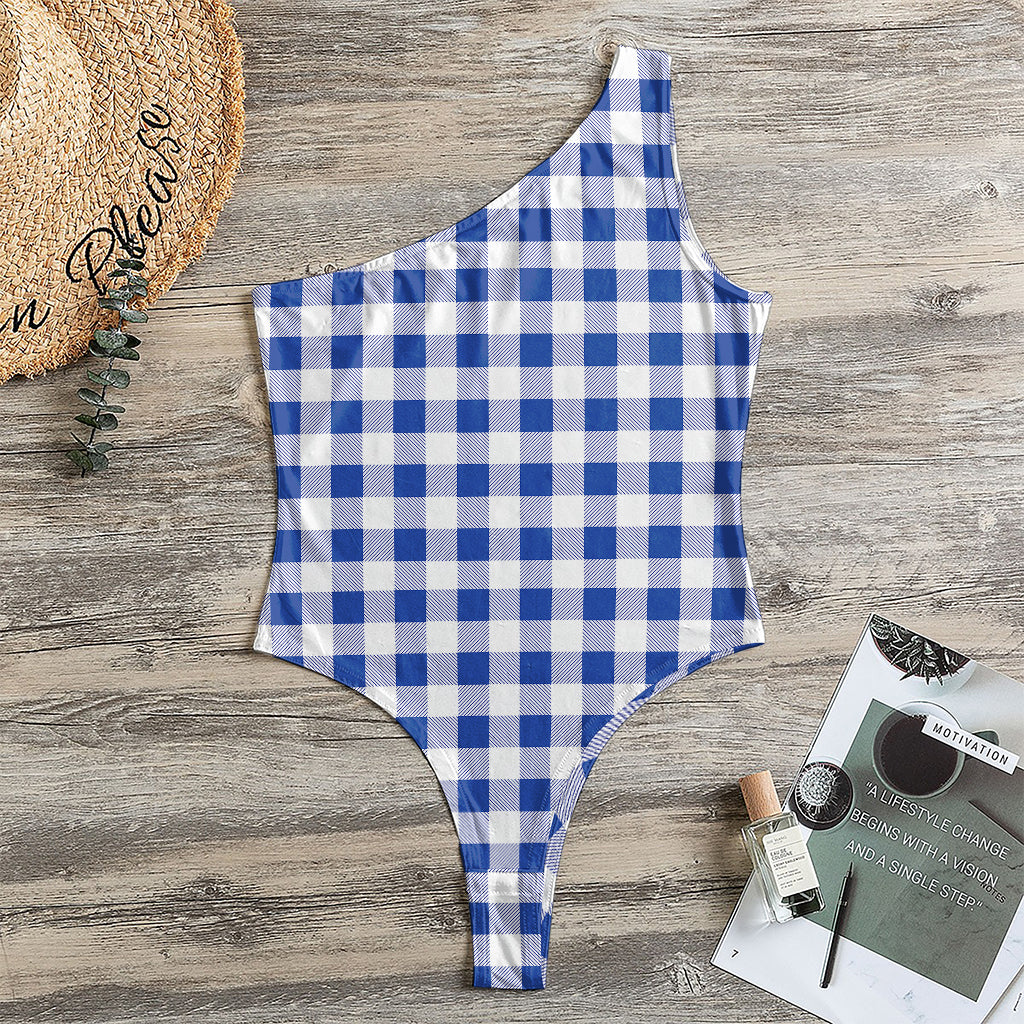 Blue And White Buffalo Check Print One Shoulder Bodysuit
