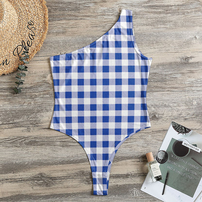 Blue And White Buffalo Check Print One Shoulder Bodysuit