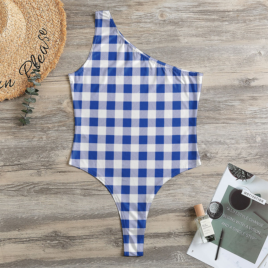 Blue And White Buffalo Check Print One Shoulder Bodysuit