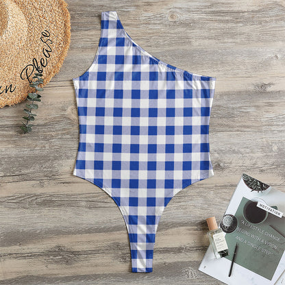 Blue And White Buffalo Check Print One Shoulder Bodysuit