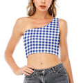 Blue And White Buffalo Check Print One Shoulder Crop Top