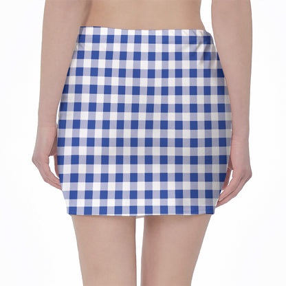 Blue And White Buffalo Check Print Pencil Mini Skirt