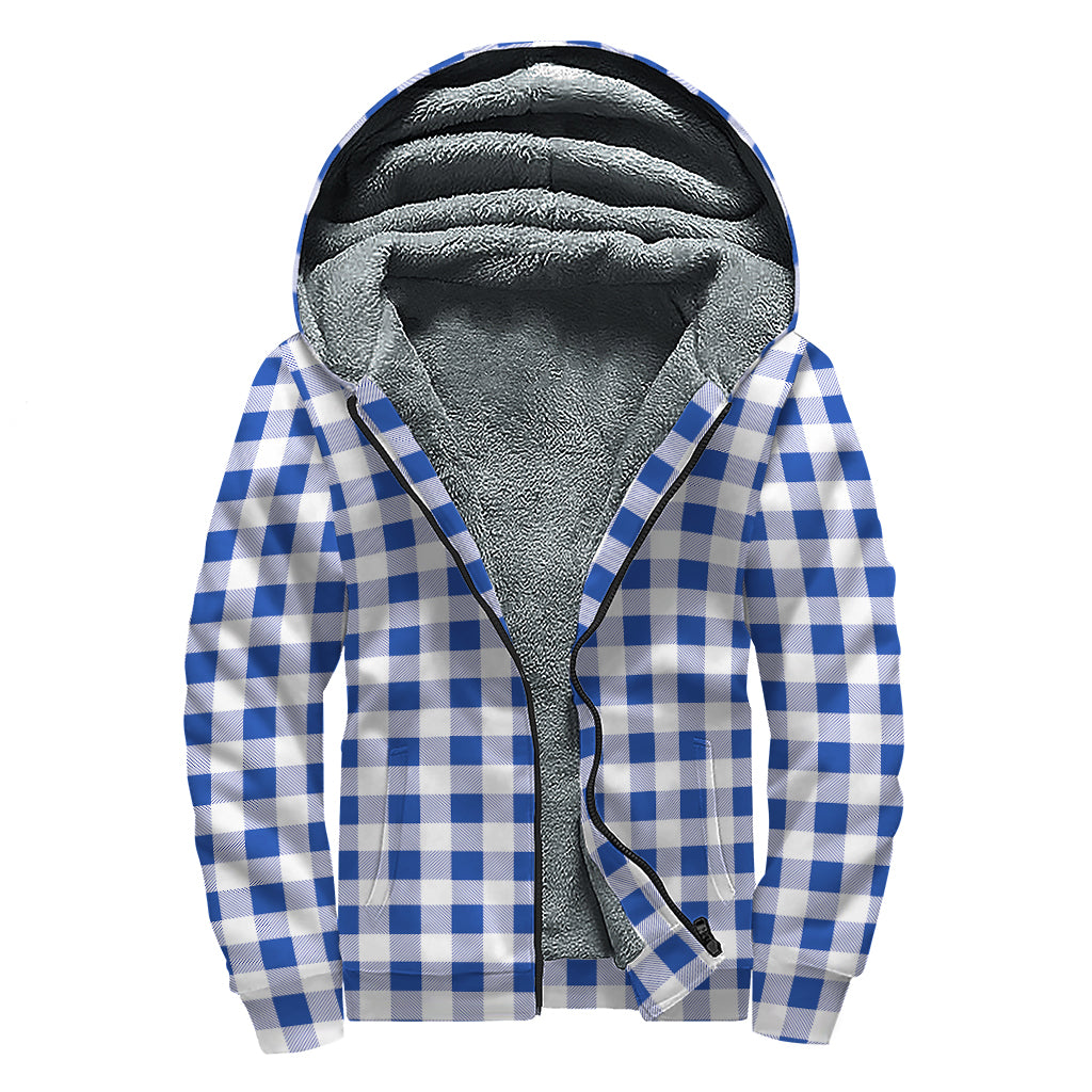 Blue And White Buffalo Check Print Sherpa Lined Zip Up Hoodie