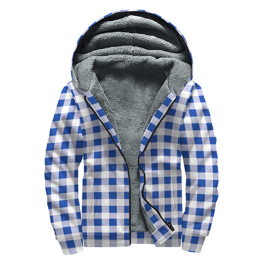 Blue And White Buffalo Check Print Sherpa Lined Zip Up Hoodie