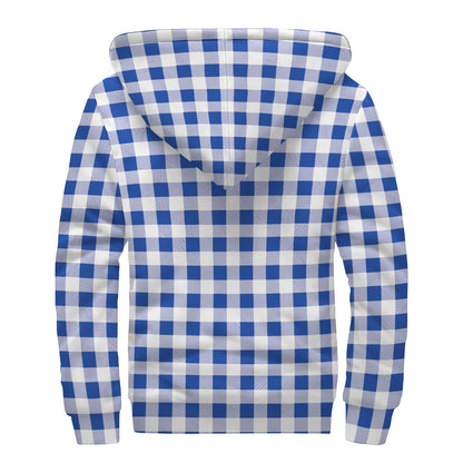 Blue And White Buffalo Check Print Sherpa Lined Zip Up Hoodie