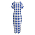 Blue And White Buffalo Check Print Short Sleeve Long Nightdress