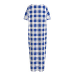 Blue And White Buffalo Check Print Short Sleeve Long Nightdress