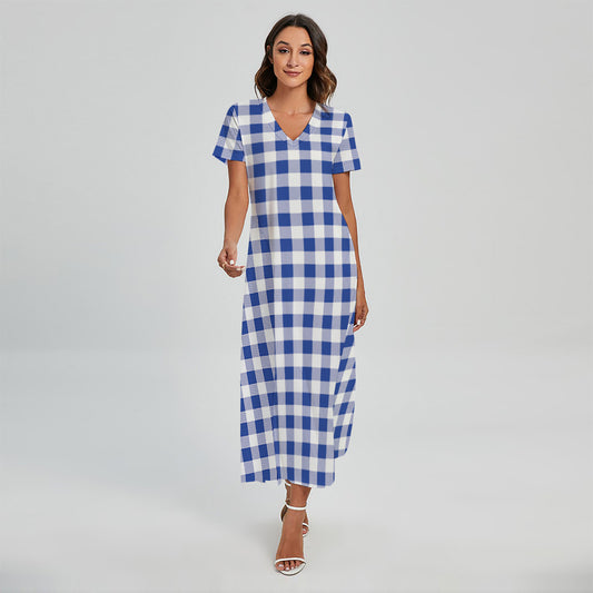 Blue And White Buffalo Check Print Short Sleeve Maxi Dress