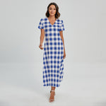 Blue And White Buffalo Check Print Short Sleeve Maxi Dress