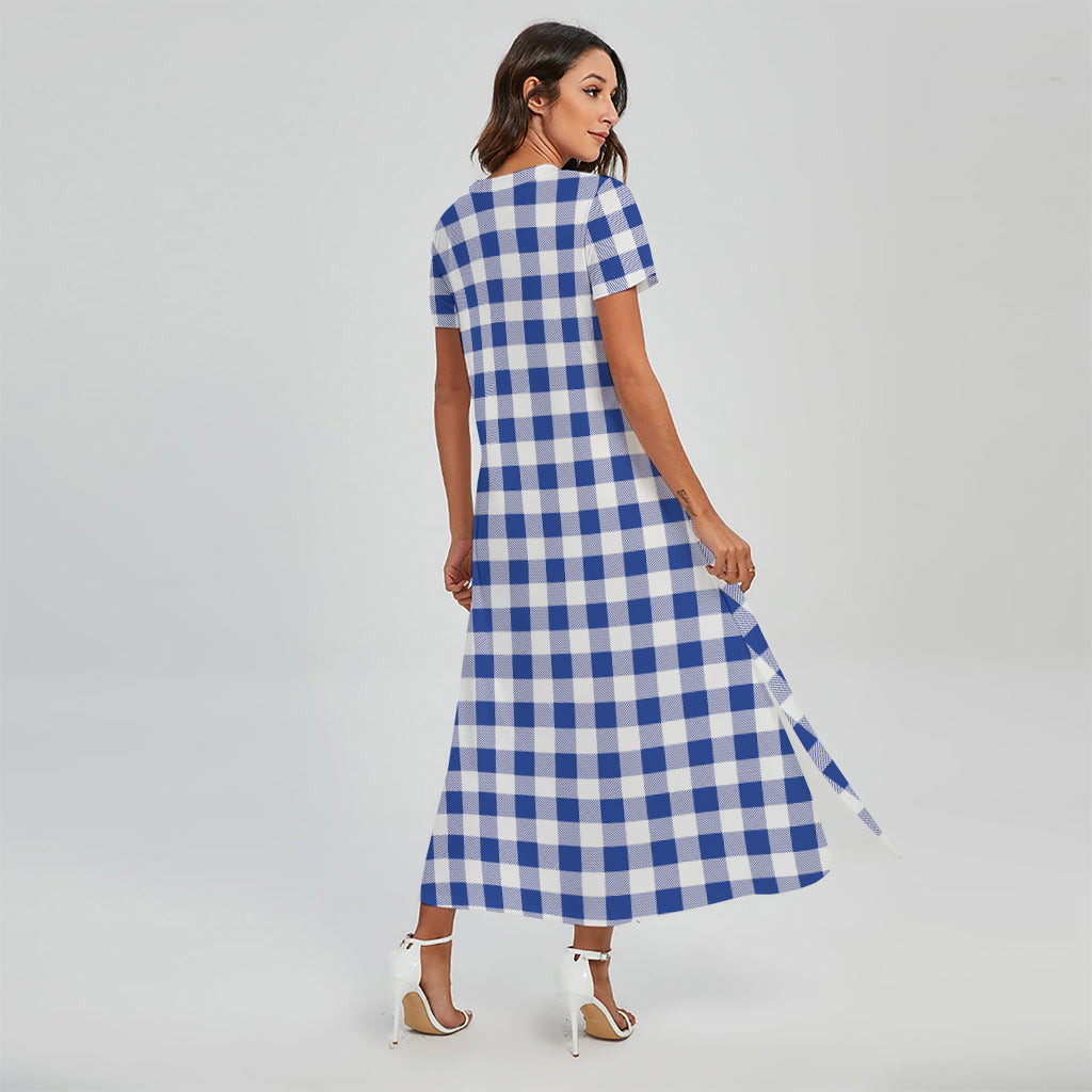 Blue And White Buffalo Check Print Short Sleeve Maxi Dress