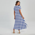 Blue And White Buffalo Check Print Short Sleeve Maxi Dress