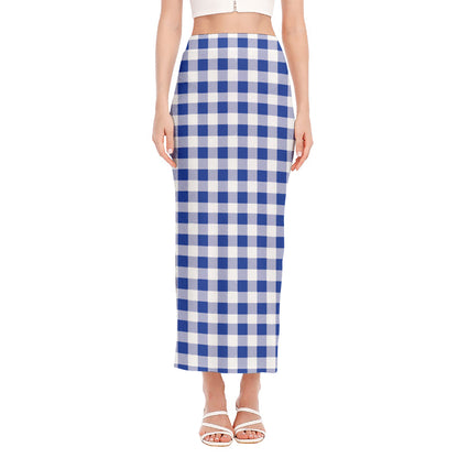 Blue And White Buffalo Check Print Side Slit Maxi Skirt