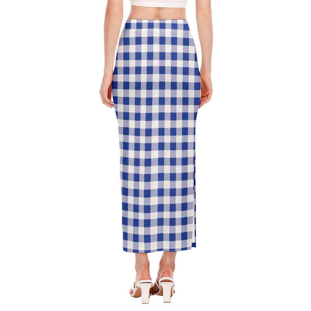 Blue And White Buffalo Check Print Side Slit Maxi Skirt