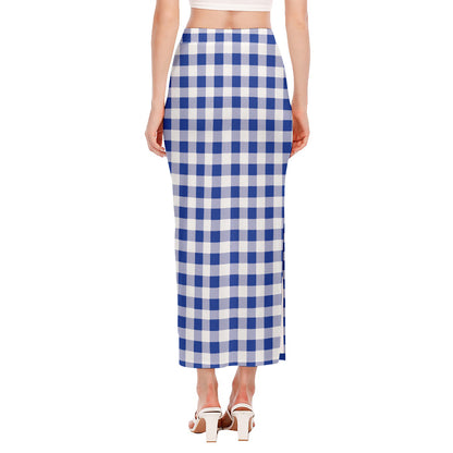 Blue And White Buffalo Check Print Side Slit Maxi Skirt
