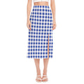 Blue And White Buffalo Check Print Side Slit Midi Skirt