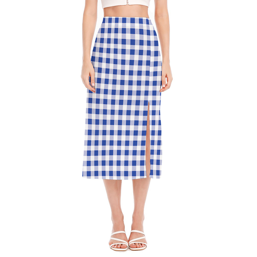 Blue And White Buffalo Check Print Side Slit Midi Skirt