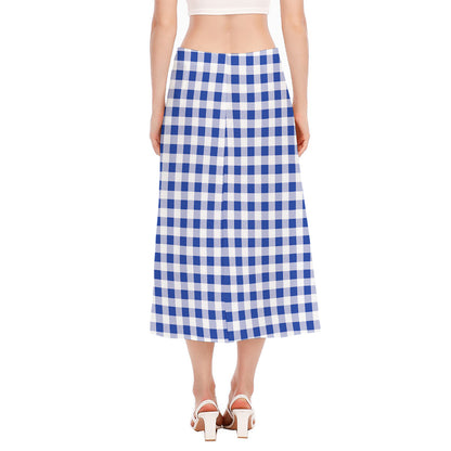 Blue And White Buffalo Check Print Side Slit Midi Skirt