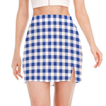 Blue And White Buffalo Check Print Side Slit Mini Skirt