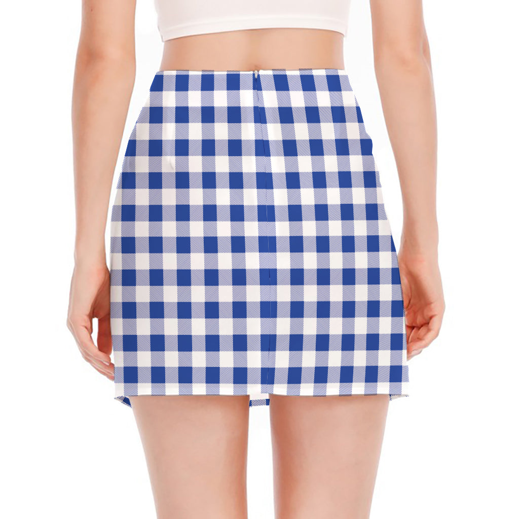 Blue And White Buffalo Check Print Side Slit Mini Skirt