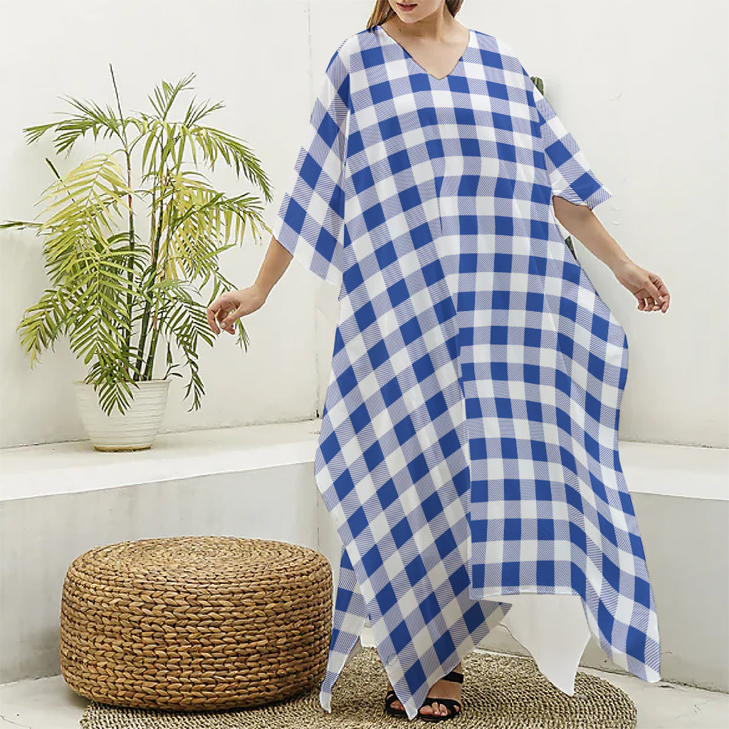 Blue And White Buffalo Check Print Silk V-Neck Kaftan Dress