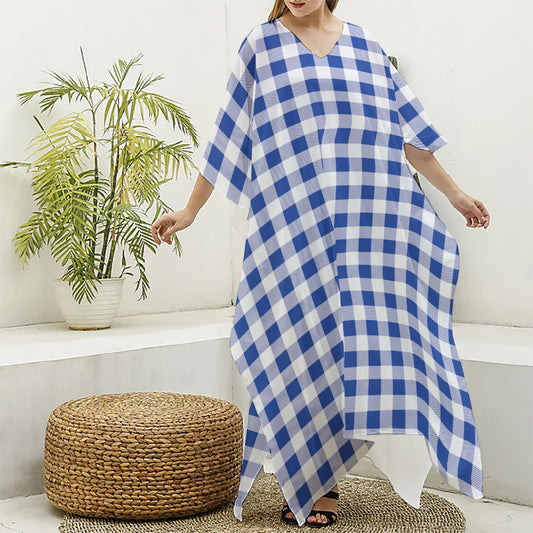 Blue And White Buffalo Check Print Silk V-Neck Kaftan Dress