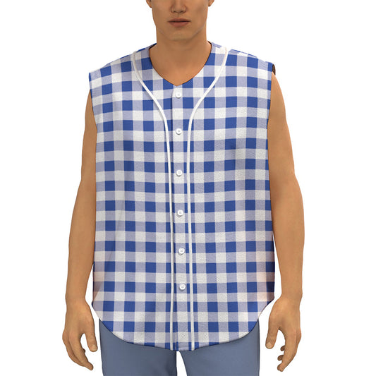 Blue And White Buffalo Check Print Sleeveless Baseball Jersey