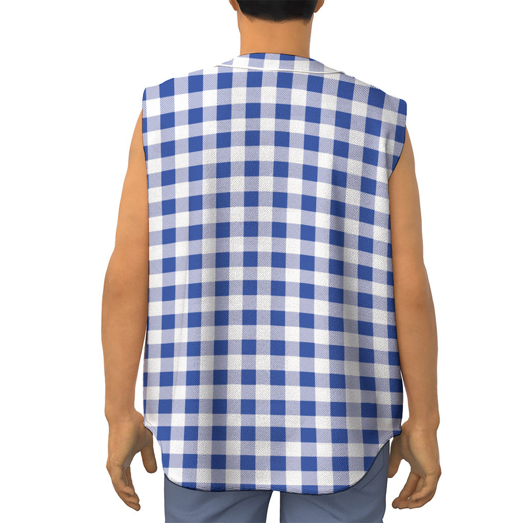 Blue And White Buffalo Check Print Sleeveless Baseball Jersey