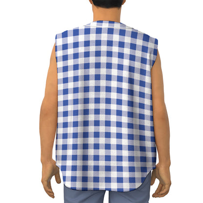 Blue And White Buffalo Check Print Sleeveless Baseball Jersey