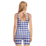 Blue And White Buffalo Check Print Sleeveless One Piece Swimsuit