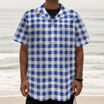 Blue And White Buffalo Check Print Textured Short Sleeve Shirt