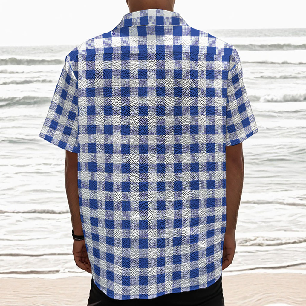 Blue And White Buffalo Check Print Textured Short Sleeve Shirt