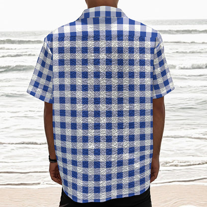 Blue And White Buffalo Check Print Textured Short Sleeve Shirt