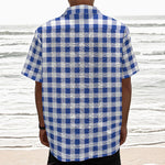 Blue And White Buffalo Check Print Textured Short Sleeve Shirt