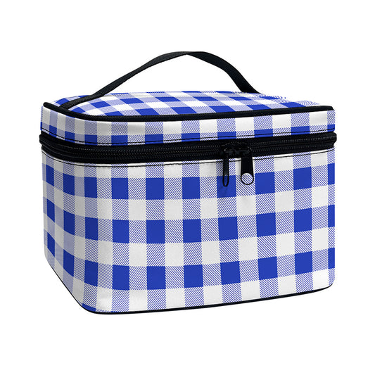 Blue And White Buffalo Check Print Travel Makeup Bag