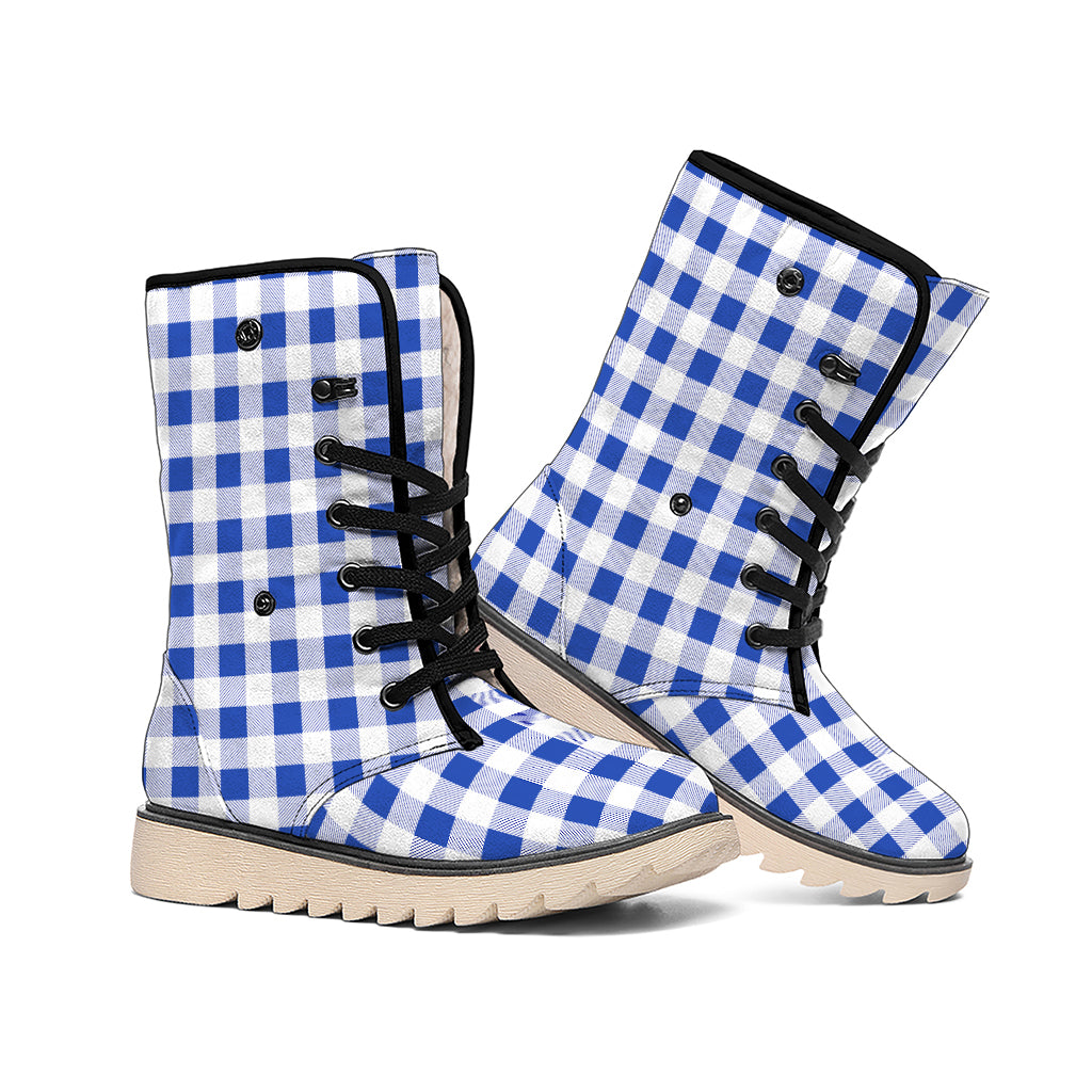 Blue And White Buffalo Check Print Winter Boots
