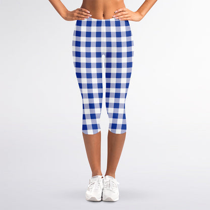 Blue And White Buffalo Check Print Women's Capri Leggings