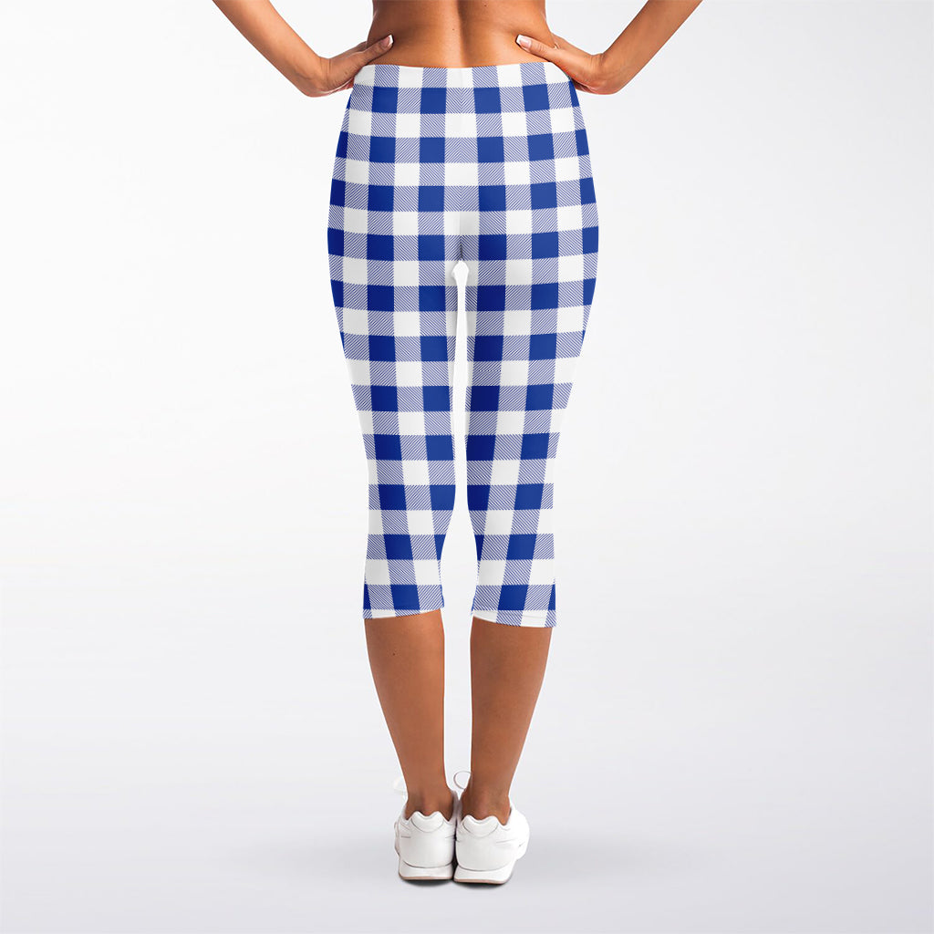 Blue And White Buffalo Check Print Women's Capri Leggings