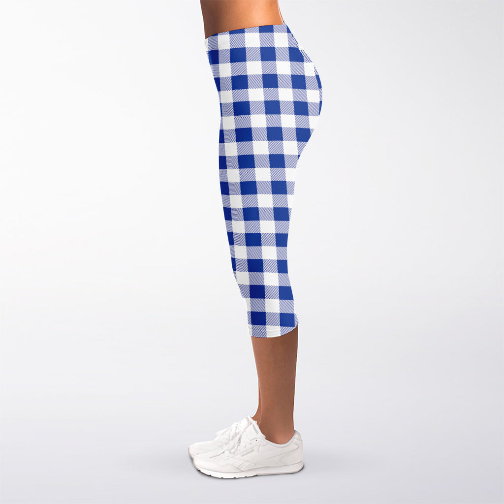 Blue And White Buffalo Check Print Women's Capri Leggings