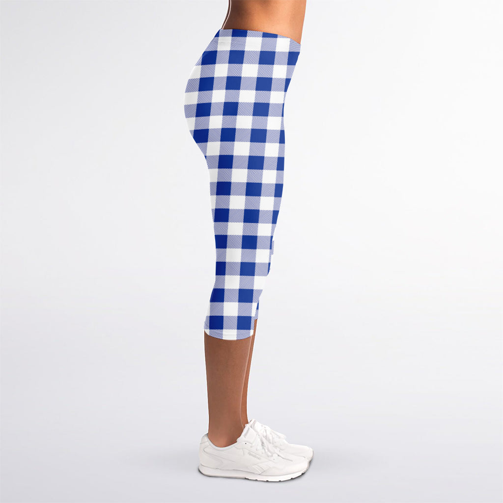 Blue And White Buffalo Check Print Women's Capri Leggings