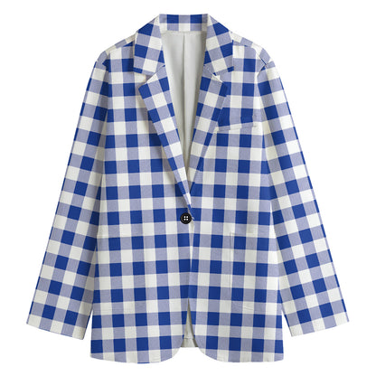 Blue And White Buffalo Check Print Women's Cotton Blazer