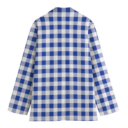 Blue And White Buffalo Check Print Women's Cotton Blazer