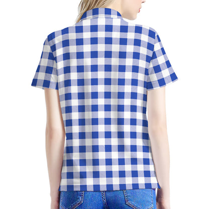 Blue And White Buffalo Check Print Women's Polo Shirt