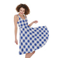 Blue And White Buffalo Check Print Sleeveless Knee Length Dress