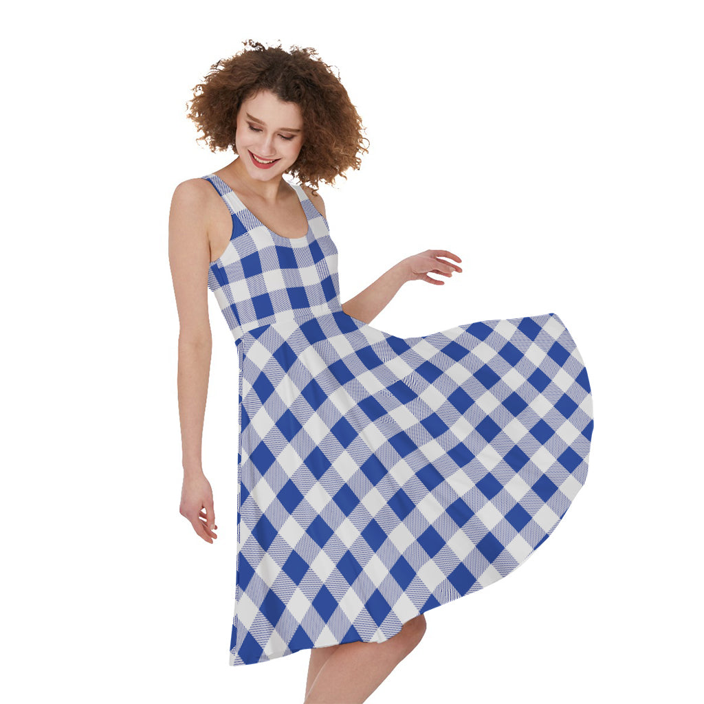 Blue And White Buffalo Check Print Women's Sleeveless Dress
