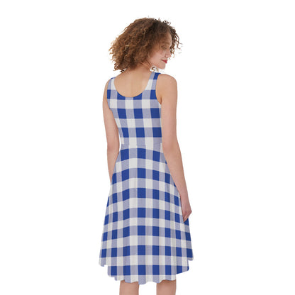 Blue And White Buffalo Check Print Women's Sleeveless Dress