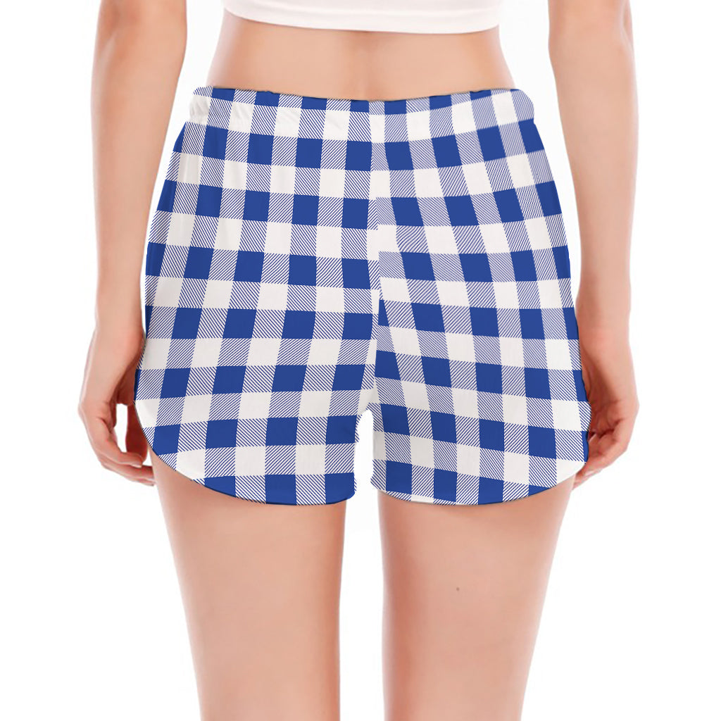 Blue And White Buffalo Check Print Women's Split Running Shorts