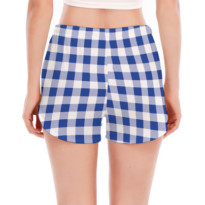 Blue And White Buffalo Check Print Women's Split Running Shorts