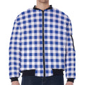 Blue And White Buffalo Check Print Zip Sleeve Bomber Jacket