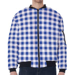 Blue And White Buffalo Check Print Zip Sleeve Bomber Jacket